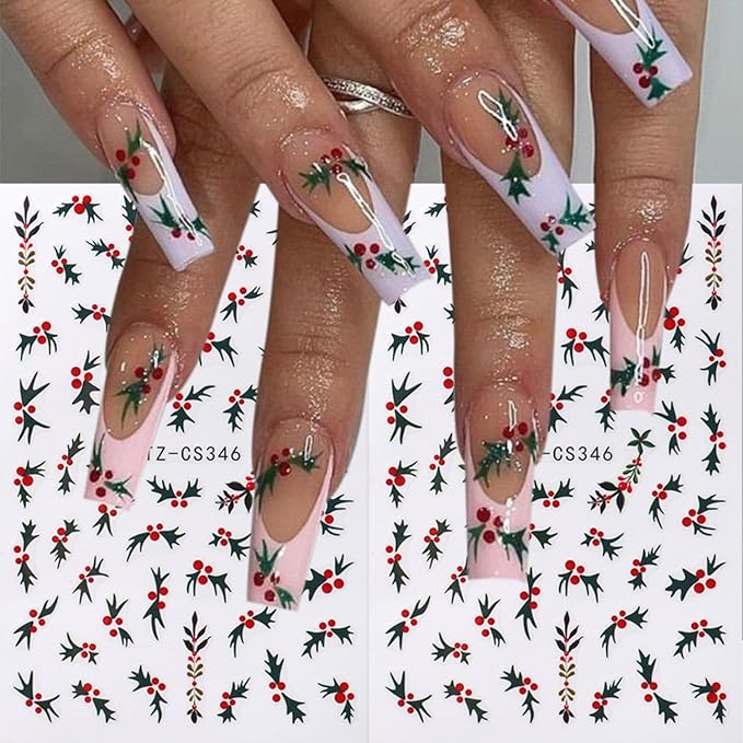 6PCS Christmas Nail Art Stickers Holly Nail Decals 3D Self-Adhesive Nail Stickers Christmas Tree Nail Art Supplies Green Leaves Holly Fruit Nails Accessories for Women Xmas Acrylic Manicure Decoration