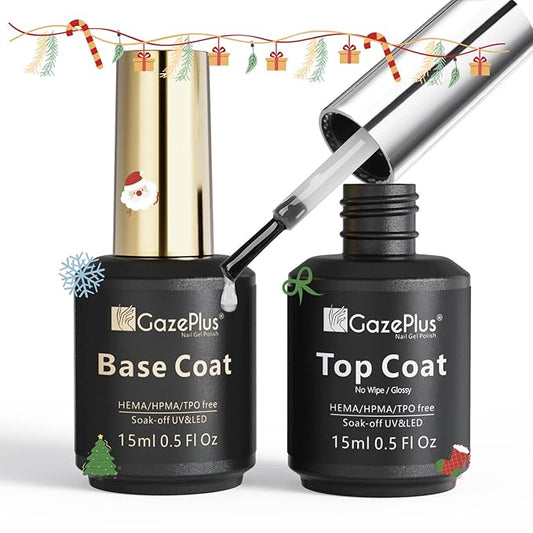 Gel Top & Base Coat Set, 2 Pcs 15ml No Wipe HEMA-Free Nail Polish Kit, Shiny Long Lasting Soak Off Gel for Nail Art, Manicure Christmas Gift for Women & Professional Nail Salons