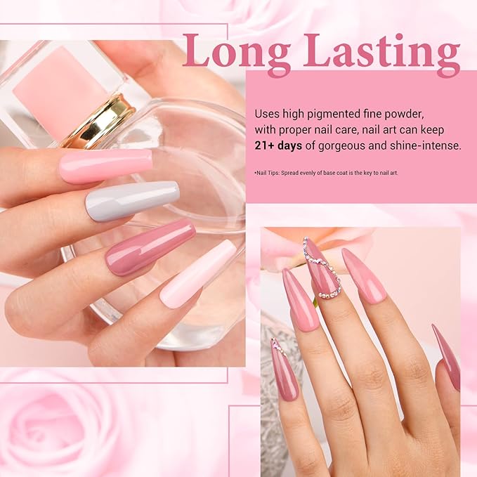 AZUREBEAUTY Dip Powder Nail Kit, 4 Colors Gentle Nude Pink Neutral Skin Dipping Powder System Liquid Set Recycling Tray with Base & Top Coat Activator for French Nail Art Manicure Salon DIY at Home