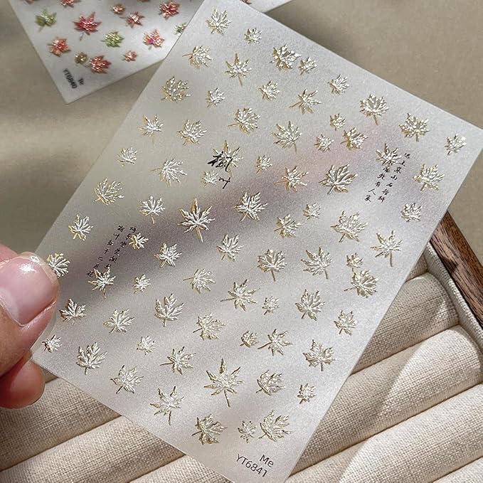 2 Sheets Thanksgiving Nail Stickers for Nails Art Autumn Maple Leaf Nail Decals 5D Self-Adhesive Red Gold White Embossed Maple Leaves Nail Supplies Fall Leaf Shiny Manicure Accessories for Women DIY
