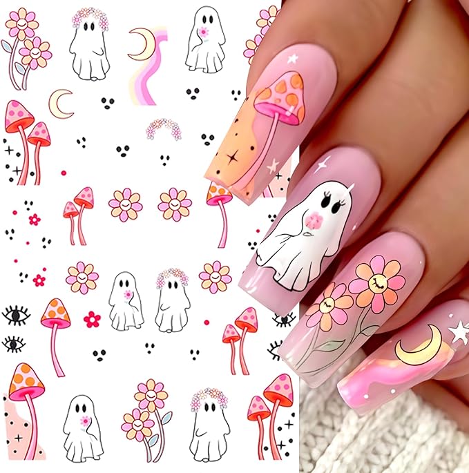 8 Sheets Halloween Nail Art Stickers Decals Ghost Pumpkin Nail Decals 3D Self-Adhesive Pink Mushroom Flower Ghost Nail Supplies Nail Decorations Gothic Nail Sticker for Women Halloween Party