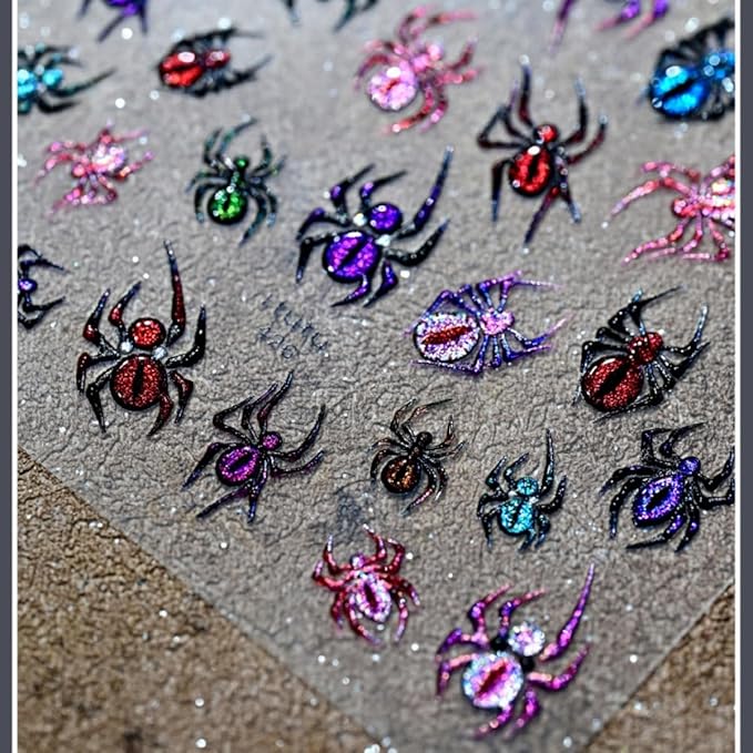 Halloween Nail Sticker 5D Embossed Scary Spider Nail Art Sticker Self Adhesive Nail Decals Colorful Spider Nail Art Decals for Nail Decoration Supplies for Women Girls DIY Manicure