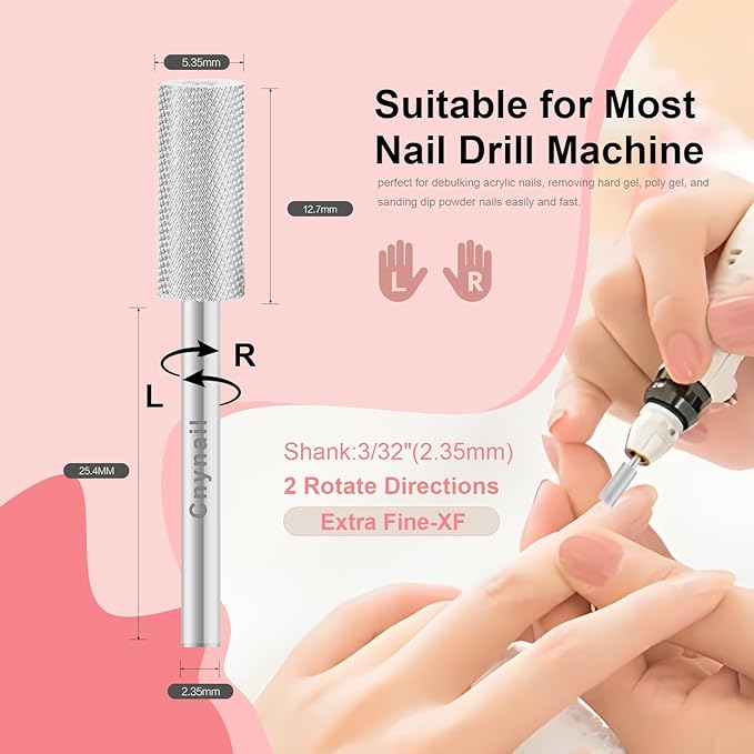 3/32" 5.35MM Small Barrel Flat Top Bit Tungsten Carbide Nail Drill Bit Safety Bit for Gel & Acrylic Removal, 2-Way Rotating Efile Tip, Salon Electric File Accessory (XF Grit, Silver)