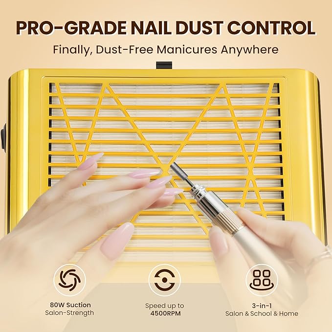 80W Portable Nail Dust Collector with One-Touch Operation - Reusable Filter, Compact Vacuum Fan for Acrylic/Gel Nails, Salon & Home Use