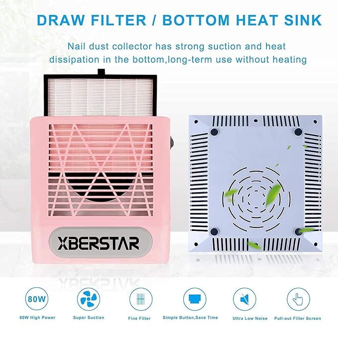 XBERSTAR 80W Nail Dust Collector for Acrylic Gel Nails,Manicure,Nail Jewelry,Calluses (Pink)