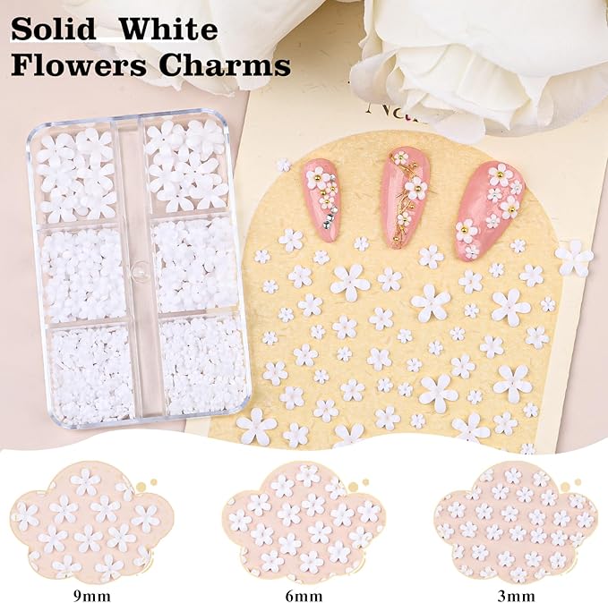 4 Boxes 3D Flower Nail Charms and Gems - White Nail Flower Charms Crystal AB Clear Gemstones Silver/Gold Caviar Beads White/AB Pearls for Women DIY Manicure Crafts (17-S4-White)