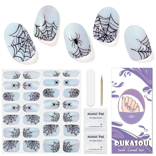 Halloween Semi Cured Gel Nail Strips, Spider | 28 pcs HalloweenSpider Gel Nail Strips Work with Any UV Lamp, Salon Quality Nails Stickers, Include Prep Pads, Nails File&Wood Stick