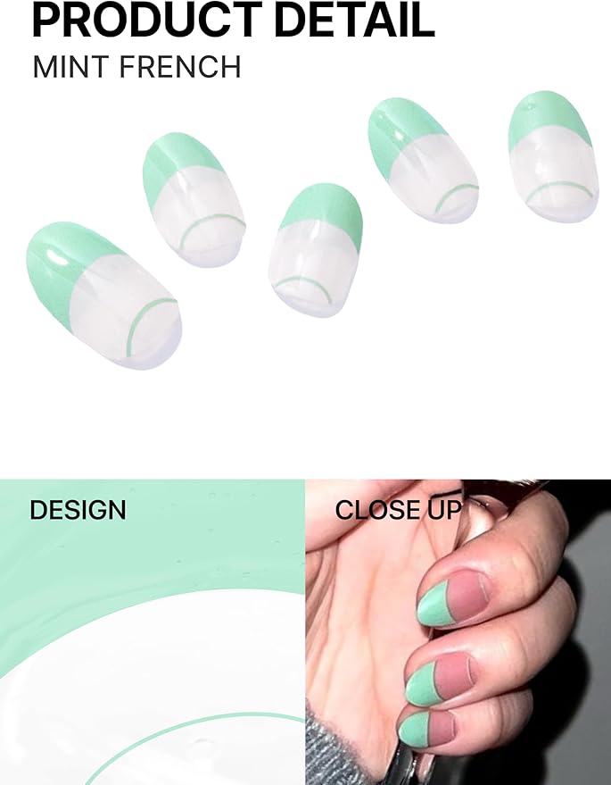 UUUUUU Semi Cured Gel Nail Strips | Salon-Quality | UV Free Gel Nail Wraps for Women | Easy Peel&Stick | Long-Lasting up to 14 Days | 28 Strips Set+File & Wipes | Gift-Ready (UGN104 Mint French)