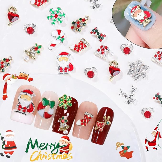 30Pcs Christmas Nail Charms and Gems 3D Metal Snowflakes Elk Candy Nail Jewelry Rhinestone Supply Winter Christmas Tree Socks Santa Claus Nail Art Charms for Women DIY Xmas Nails Decoration Supply