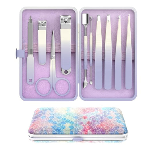Manicure Set 10 in 1 Stainless Steel Nail Clippers Scissors Tweezers Grooming Kit with Travel Case (Purple)