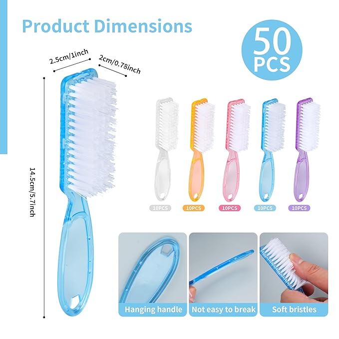 50 Pcs Handle Grip Nail Scrubber Brushes, Hand Fingernail Cleaning Manicure Brush, Multicolor Nail Scrub Brushes for Toes and Fingernail Cleaning (5 Colors)