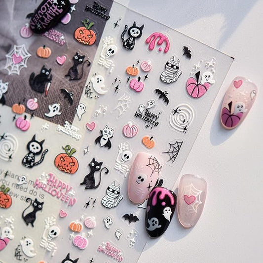 Halloween Nail Art Stickers Decals 5D Embossed Pumpkin Black Cat Nail Decals 1PCS Ghost Bat Skeleton Spider Web Cute Halloween Nails Design Adhesive Sliders for Holiday Manicure Nail Art Decorations