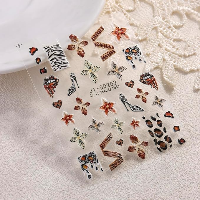 Flower 5D Embossed Nail Art Stickers Decals, 4 Sheets Autumn Winter Brown Hibiscus Flowers Tropical Floral Leopard Print Nail Art Design Self-Adhesive Nail Supplies for Women Girls