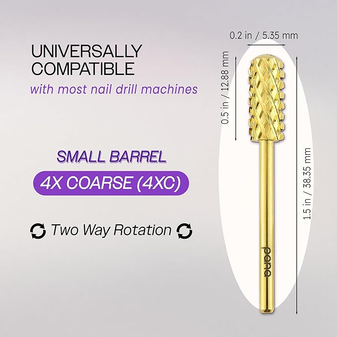PANA 3/32" Small Smooth Round Top Safety Carbide Nail Drill Bit for Gel Polish & Acrylic Removal Nail Salon Manicure Pedicure Electric File Tools (Small Barrel - Gold, 4X Coarse)
