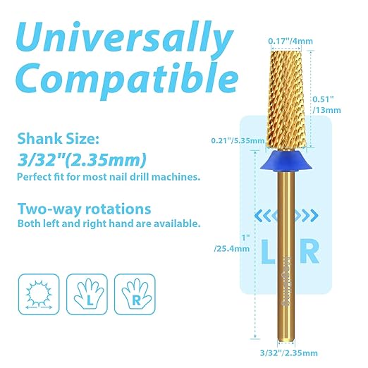 Tungsten Carbide Cross Cut Small Tapered Barrel Nail Drill Bits, Professional 3/32'' Safety Bits, Both Hands Use, Remove Gel Fast, Manicure Pedicure Cuticle Gel Polishing, Medium.