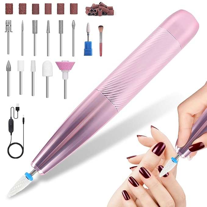 Portable Electric Nail Drill Machine Professional Kit, 0-23000 RPM Adjustable Speed, Nail Grinder Manicure Tool for Home Salon with Drill Bits Sanding Bands for Acrylic Gel Nails Pink
