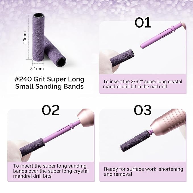 MelodySusie 50 Pcs Nail Drill Bits Super Long Small Sanding Bands with 3.1mm Crystal Mandrel Bit, 240 Extreme Fine Grit Nail File for Acrylic Nails Gel Manicures and Pedicure, Purple