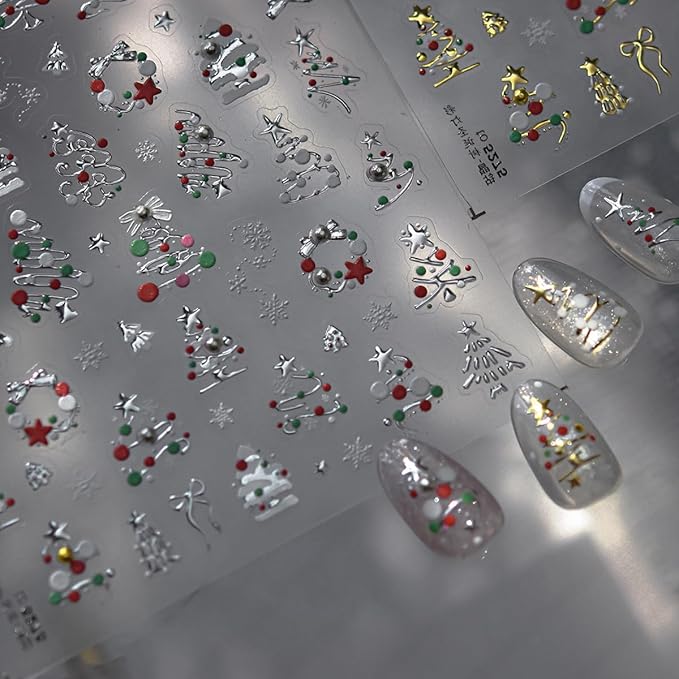 Christmas Nail Art Stickers Silver Xmas Tree Nail Decals with Rhinestone 1PCS Xmas Trees Snowflake Star Bow Christmas Nails Design Adhesive Stickers Nail Art Supplies for Women Holiday DIY Nail Art