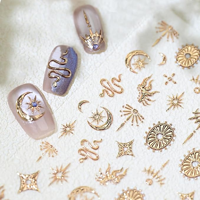 Gold Snake Nail Art Stickers 5D Self-Adhesive Embossed Moon Sun Pattern Design Nail Decals Retro Gilded Snake Nail Supplies for Women Girls DIY Summer Manicure Decoration Exquisite Cardboard 1 Sheet