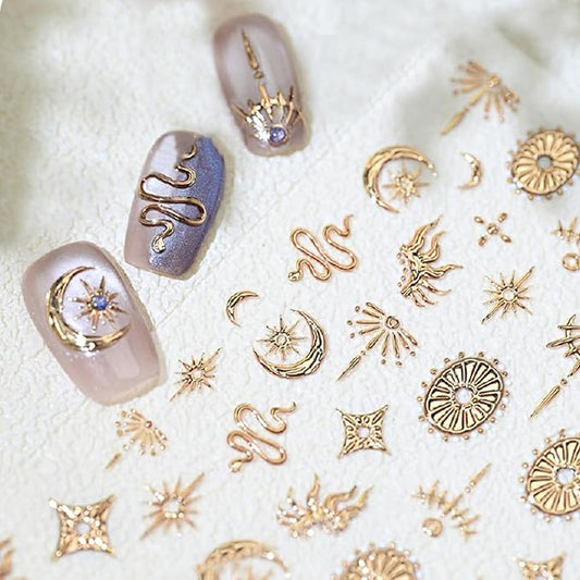 Gold Snake Nail Art Stickers 5D Self-Adhesive Embossed Moon Sun Pattern Design Nail Decals Retro Gilded Snake Nail Supplies for Women Girls DIY Summer Manicure Decoration Exquisite Cardboard 1 Sheet