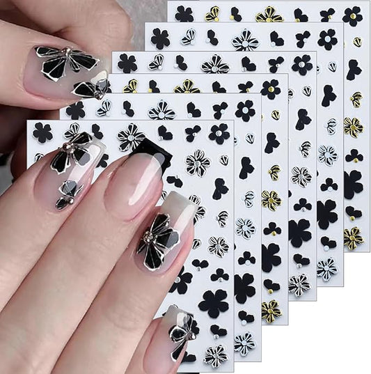 Flowers Nail Art Stickers - Black, Gold, Silver, White 3D Self-Adhesive Decals for Acrylic DIY Nail Decorations - Fall Flower Charms for Women - 6 Pcs
