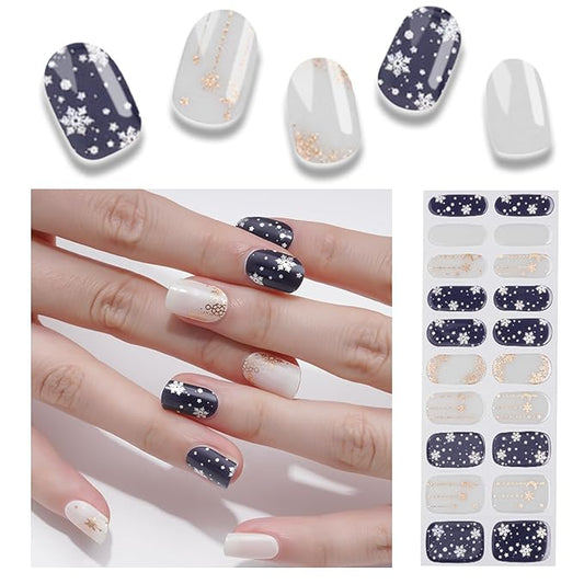 20pcs Semi Cured Gel Nail Strips, Real Nail Polish Art Stickers, Christmas Blue Snowflake Gel Nail Stickers - Work with Any UV Lamp, Long Lasting Full Wraps with Nails File and Stick