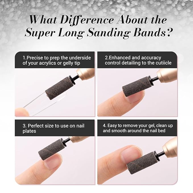 MelodySusie 50 Pcs Nail Drill Bits Super Long Sanding Bands with 6.65mm Crystal Mandrel Bit, 240 Extreme Fine Grit Nail File for Acrylic Nails Gel Manicures and Pedicure, Black