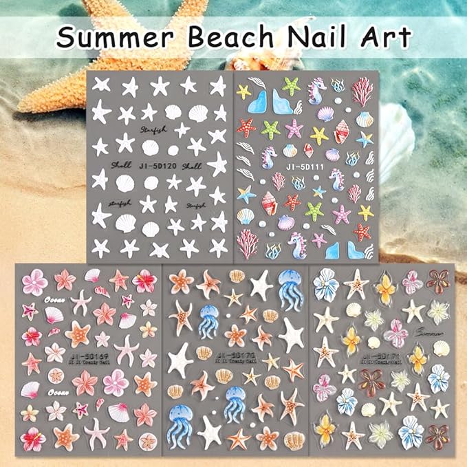 Ocean Life 5D Embossed Nail Art Stickers Decals, 5 Sheets Starfish Seashell Jellyfish Hibiscus Flowers Self Adhesive Nail Decals Summer Sea Theme Nail Supplies for Women Girls DIY Manicure Decor