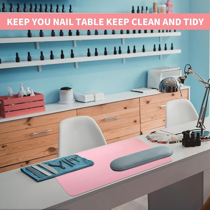 Double-sided Nail Table Mat for Nail tech - Soft Microfiber PU Leather Nail Desk Mat - Foldable Nail Art Table Mat Acetone Resistant for Nails Salon Home (Pink) (Mat Only)