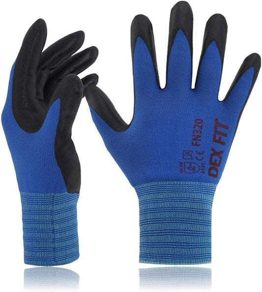 DEX FIT Nylon Work Gloves FN320, 3D Comfort Fit, Power Grip, Lightweight, Touchscreen for Men & Women, Breathable & Flexible for Yard Work DIY Mechanic Warehouse; Blue 8 (M)