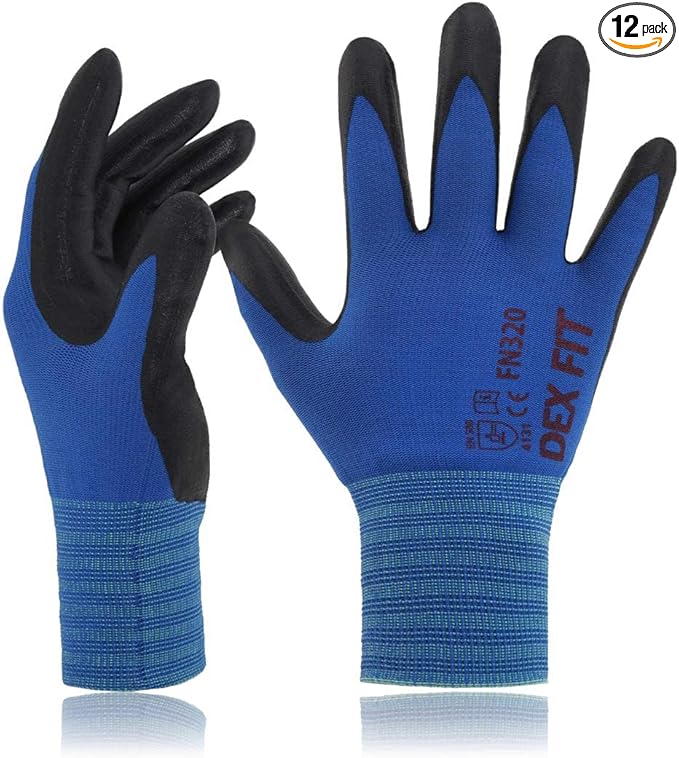 DEX FIT Premium Nylon Nitrile Work Gloves FN320, 12 Pairs, 3D-Comfort Stretchy Fit, Firm Grip, Thin & Lightweight, Durable, Breathable & Cool, Machine Washable; Blue 7 (S)