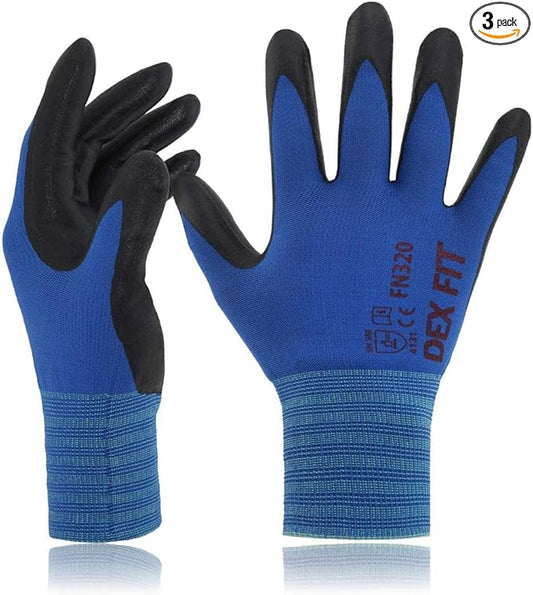 DEX FIT Premium Nylon Nitrile Work Gloves FN320, 3 Pairs, 3D-Comfort Stretchy Fit, Firm Grip, Thin & Lightweight, Durable, Breathable & Cool, Machine Washable; Blue 10 (XL)