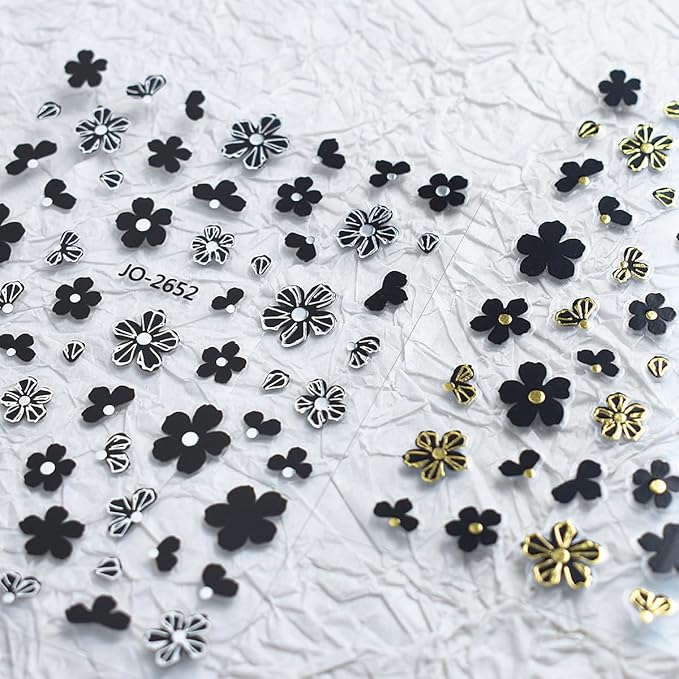 6Sheets Camellia Petals Nail Art Stickers 3D Metallic Flowers Nail Decals Engraved Flower Nail Sticker Black Gold Silver Designs Self-Adhesive Floral Nail Supplies for Women French Manicure Decoration