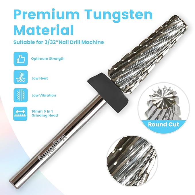16mm 5 in 1 Tapered Barrel Nail Drill Bits, 3/32'' Safety Tungsten Carbide Bits, Right & Left Rotation, Manicure Cuticle Gel Acrylic Removal Polishing, Technicians Bits, Extra Coarse.