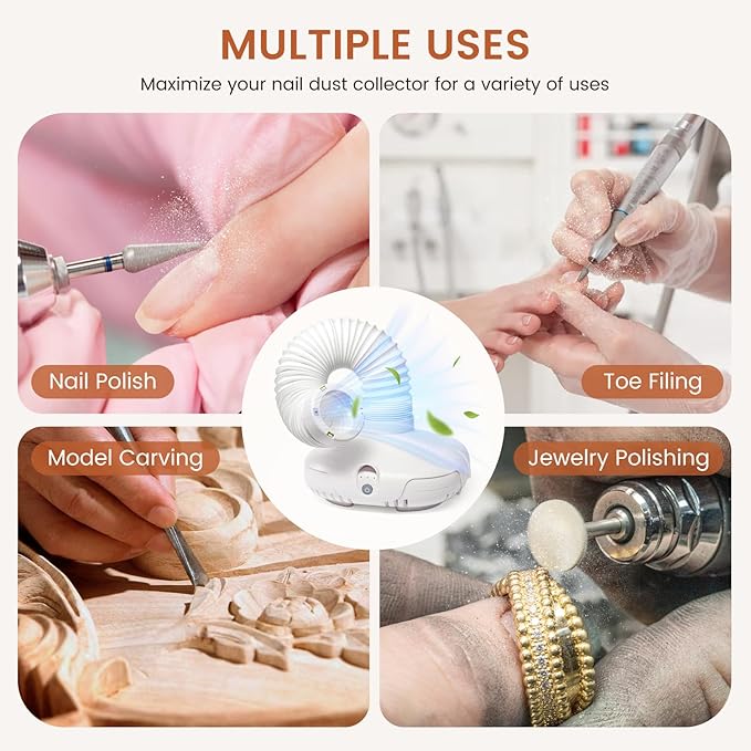 Nail Dust Collector for Nail Tech - 13000RPM Nail Vacuum Dust Collector with 360° Fexible Tube & Reusable Filter - Manicure Dust Cleaner for Acrylic Nail Salon, Home DIY & Crafts