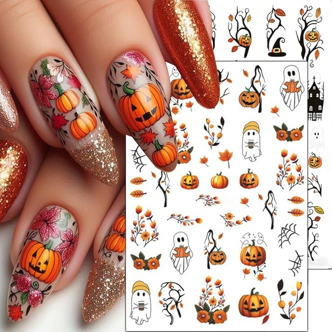 Halloween Nail Stickers Pumpkin Ghost Nail Art Stickers DIY Self Adhesive Nail Decals Cat Bat Mushroom Ghost Design Sticker Nail Decoration Supplies Holiday Manicure Accessories for Women Girls 6Pcs