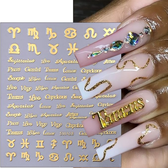 6Pcs Constellation Nail Art Stickers 3D English Letters Nail Stickers for Nail Art Decoration Self-Adhesive 12 Constellations English Nail Design Supplies Gold Silver Pink French Nail Decals for Women