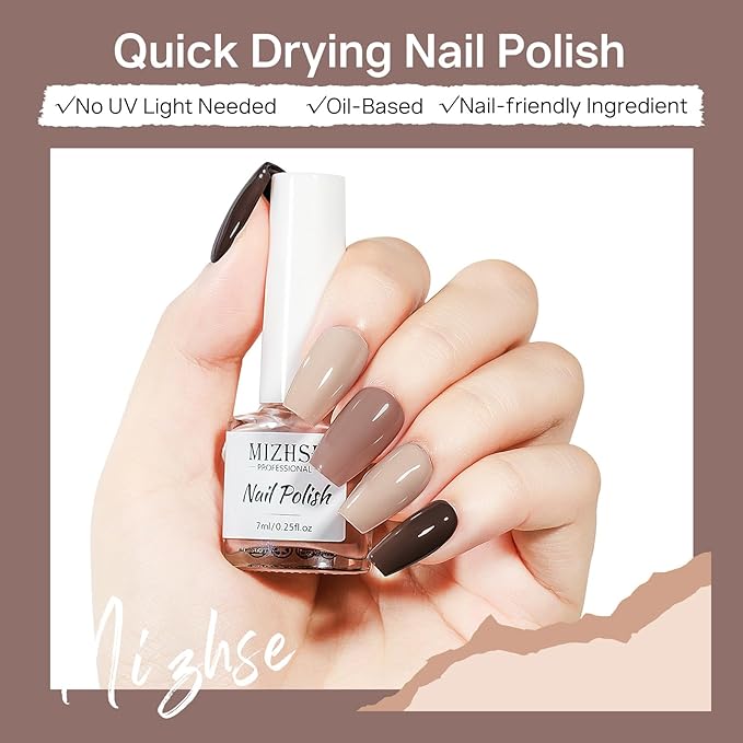 MIZHSE Quick Dry Nail Polish Set, 24 Colors Fall Winter Regular Nail Polish Non Gel, Air Dry Fast Trendy Glitter Bulk Gray Brown Nail Lacquer Oil-based Fingernail Toe Home DIY Gift for Women