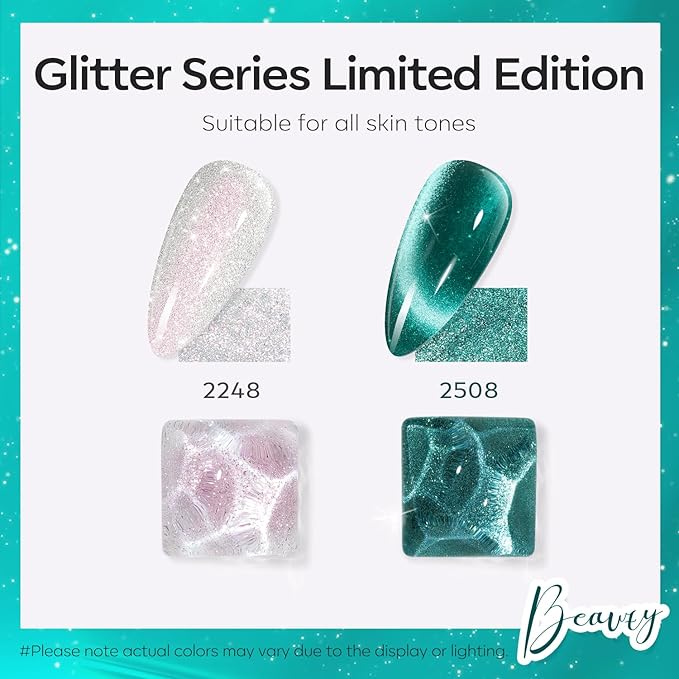 modelones Gel Nail Polish Set 2 PCS 15ML White Green Cat Eye Glitter Holographic Shimmer Nail Polish With Magnet Soak Off Led Manicure Art DIY Salon Gift For Women Girl