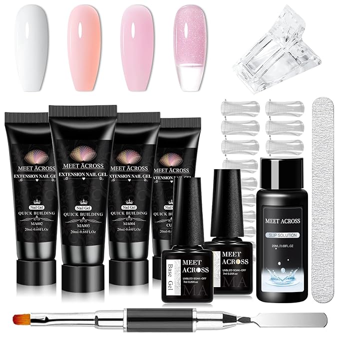 MEET ACROSS Poly Nail Gel 10Pcs Nail Extension Gel Set and Nail Extension Starter Kit for Beginners Nail Art DIY Home Gifts for Women (White/Pink, 12pcs)
