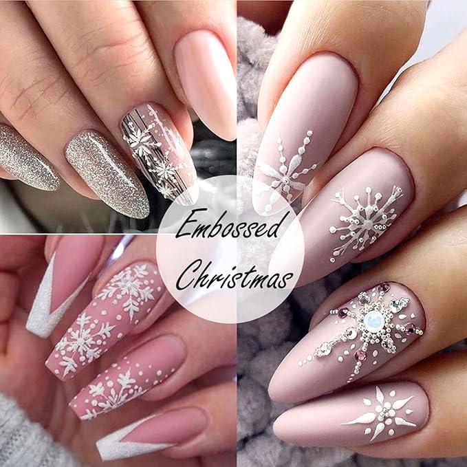 5D Embossed Snowflake Nail Art Stickers Christmas Nail Decal White Flower Lace Nail Decal Snowflake Leaf Nail Sticker Design Self-Adhesive Nail Decoration Supplies for Women DIY Christmas Manicure