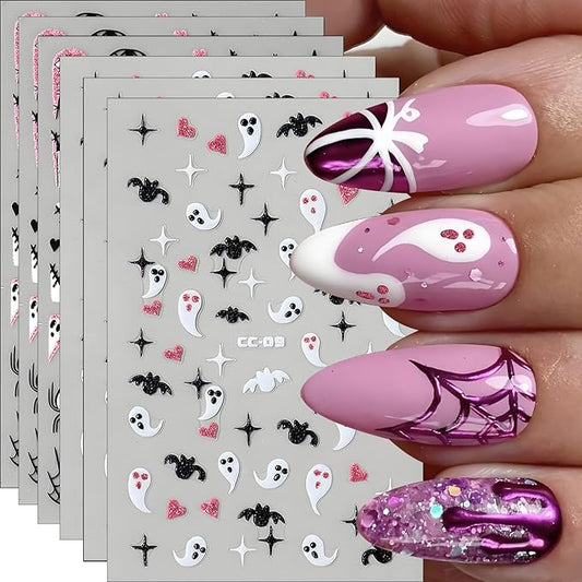 Halloween Nail Art Stickers, Cute Ghost Nail Art Decals 3D Self-Adhesive Spider Bat Pumpkin Cat Skull Spider Web Nail Design 6PCS Halloween Nail Art Supplies for Women Nail Decoration