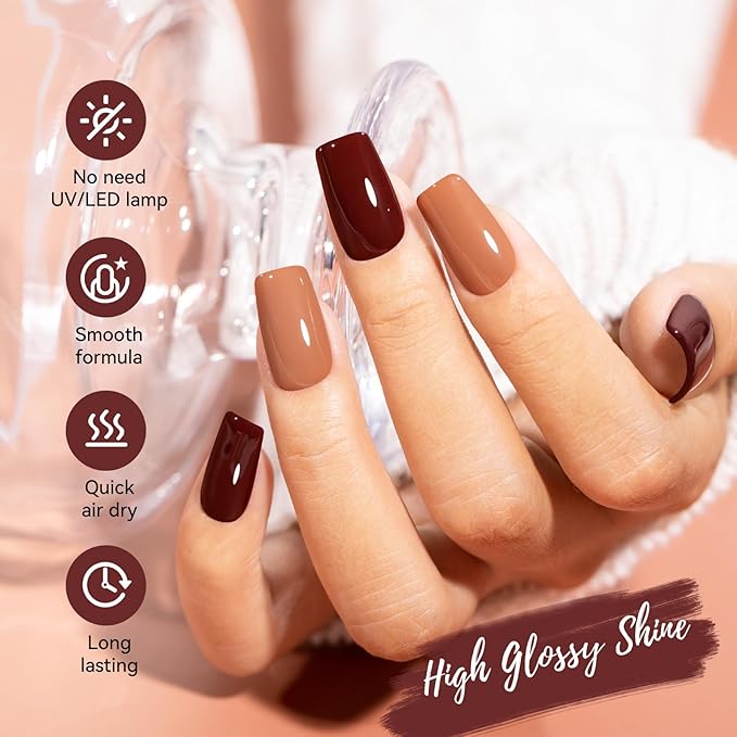 Chocolate Brown Nail Polish, 2 Colors Mocha Mousse Fall Winter Nail Polish Duo Non-Gel, Opaque, Fast Drying, Streak Free & Long Lasting Glossy Nail Art Gift for Women