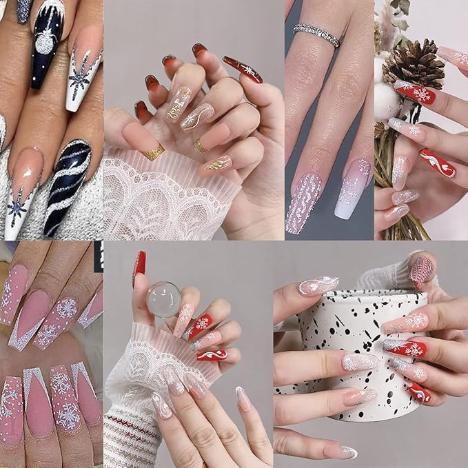 8 Sheets Christmas Nail Art Stickers - 3D Self-Adhesive Gold Glitter Snowflake Xmas Trees & White Reindeer Nail Decals - Winter Holiday DIY Kit