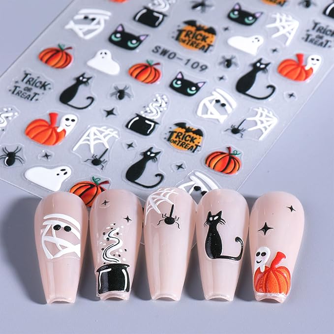 4 Sheets Halloween Nail Art Stickers 5D Embossed Cute Ghost Nail Stickers Black Cat Pumpkin Design Flower Finger Skeleton Nail Decals Nail Art Supplies for Women Acrylic DIY Nail Decorations