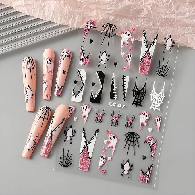 Halloween Nail Art Stickers, Cute Ghost Nail Art Decals 3D Self-Adhesive Spider Bat Pumpkin Cat Skull Spider Web Nail Design 6PCS Halloween Nail Art Supplies for Women Nail Decoration
