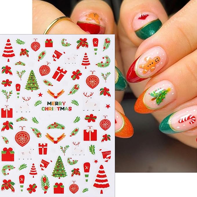 6Pcs Christmas Nail Stickers 3D Self Adhesive Xmas Tree Nails Decals Santa Claus Snowman Socks Snowflake Nails Design Sticker Winter Christmas Nail Art Stickers for Women Holiday Manicure Decor
