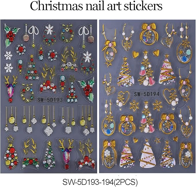 5D Embossed Christmas Nail Stickers for Nail Art - Gold Glitter Nail Art Stickers Xmas Tree Elk Deer Nail Decals Cartoon Nail Supplies for Women DIY Christmas Decorations 2 Sheets