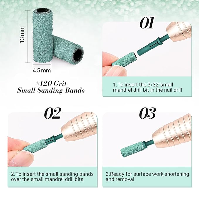 MelodySusie 50 Pcs Nail Drill Bits Small Sanding Bands with 3.1mm Mandrel Bit, 120 Medium Grit Nail File for Acrylic Nails Gel Manicures and Pedicure, Dark Green