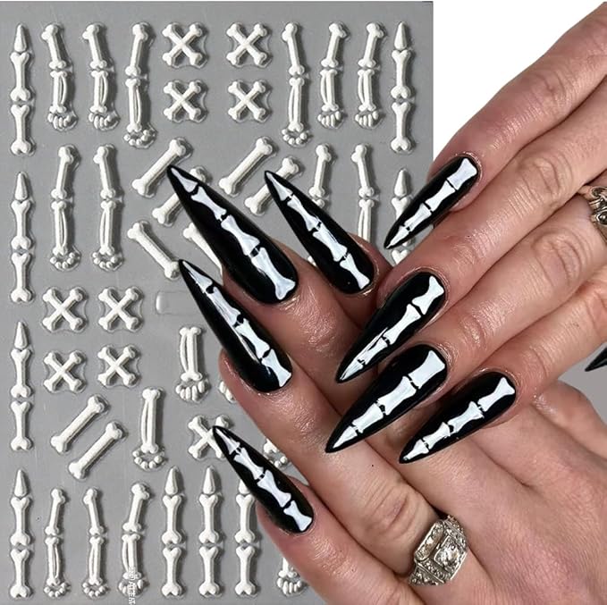 5D Halloween Nail Stickers Embossed Skeleton Spider Web Nail Decals Spooky DIY Self Adhesive Cobweb Nail Design Halloween Nail Decoration Supplies Holiday Manicure Accessories for Women Girls 3Pcs